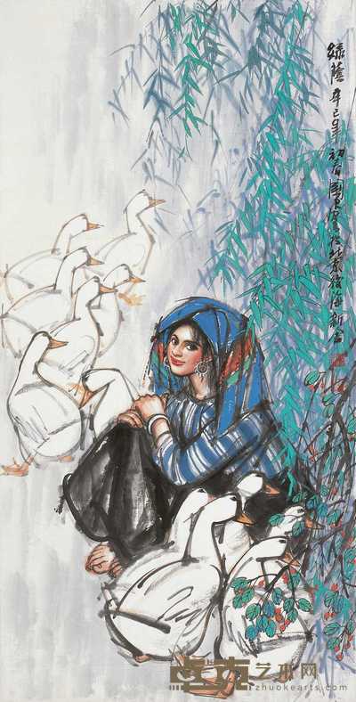 史国良 辛巳(2001年)作 绿荫 镜心 136.5×69cm